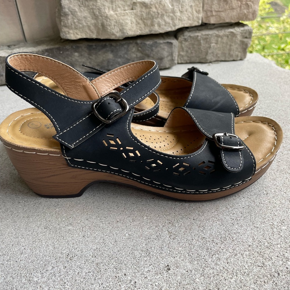 Black and Tan Heels with Adjustable Buckle and Perforated Design